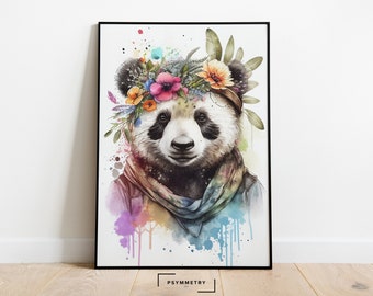 Boho Bear - A beautiful and serene watercolor portrait of a boho panda | Downloadable Print, Boho Print, Boho Wall Art