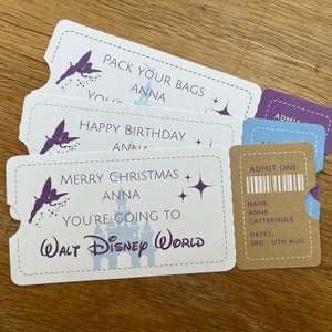 Disney World, Disneyland and Disneyland Paris Reveal Tickets.
Personalised Disney Surprise Tickets for birthday, christmas or anniversary gifts and custom keepsakes