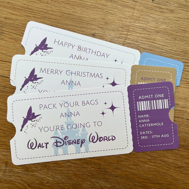 Disney World, Disneyland and Disneyland Paris Reveal Tickets.
Personalised Disney Surprise Tickets for birthday, christmas or anniversary gifts and custom keepsakes