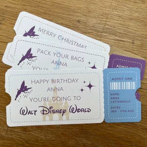 Disney World, Disneyland and Disneyland Paris Reveal Tickets.
Personalised Disney Surprise Tickets for birthday, christmas or anniversary gifts and custom keepsakes