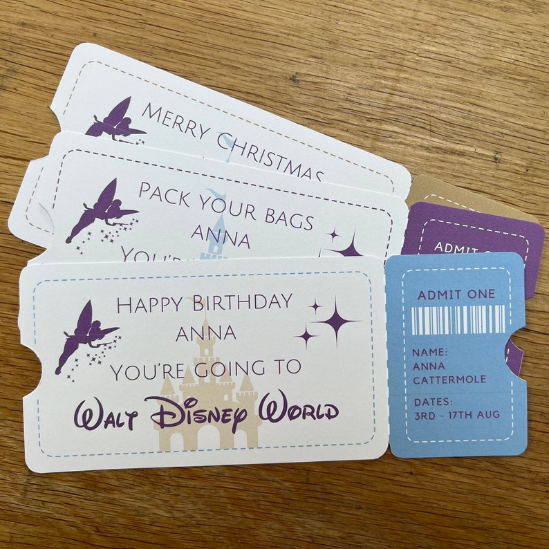 Disney World, Disneyland and Disneyland Paris Reveal Tickets.
Personalised Disney Surprise Tickets for birthday, christmas or anniversary gifts and custom keepsakes