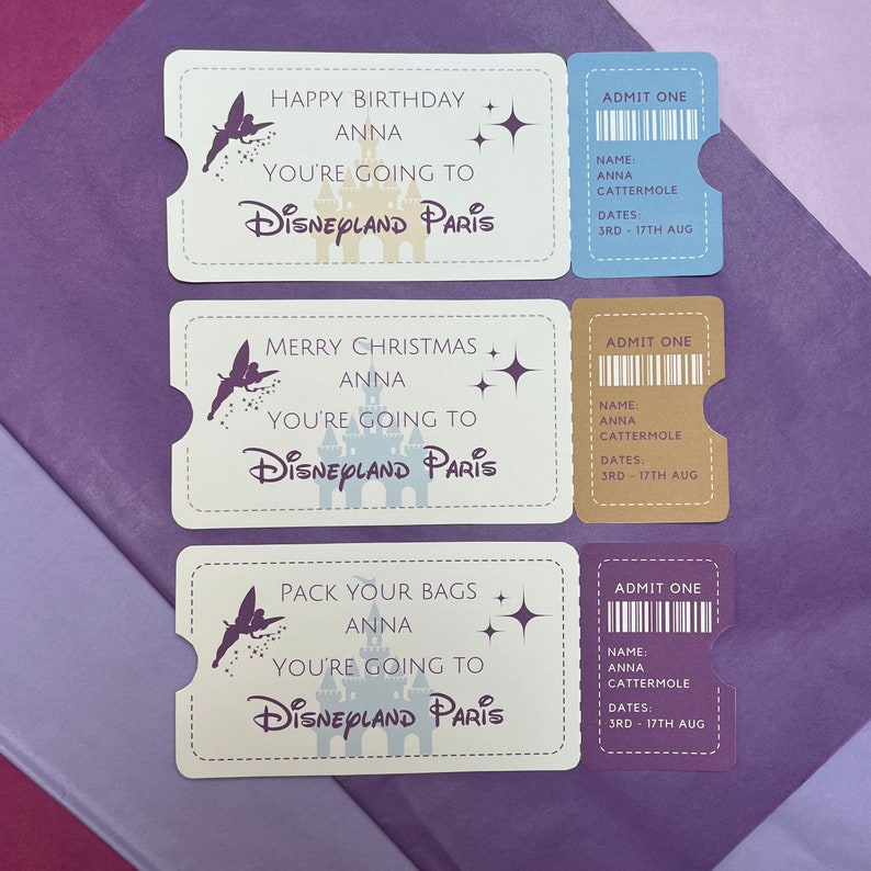 Disney World, Disneyland and Disneyland Paris Reveal Tickets.
Personalised Disney Surprise Tickets for birthday, christmas or anniversary gifts and custom keepsakes