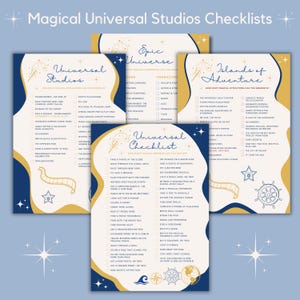 May include: A set of four checklists for Universal Studios theme parks, with titles like "Universal Studios" and "Islands of Adventure." The checklists feature gold and navy blue designs with various attractions and activities.