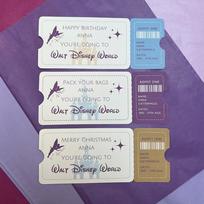 Disney World, Disneyland and Disneyland Paris Reveal Tickets.
Personalised Disney Surprise Tickets for birthday, christmas or anniversary gifts and custom keepsakes