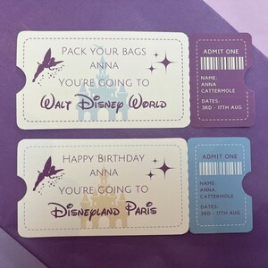 Disney World, Disneyland and Disneyland Paris Reveal Tickets.
Personalised Disney Surprise Tickets for birthday, christmas or anniversary gifts and custom keepsakes