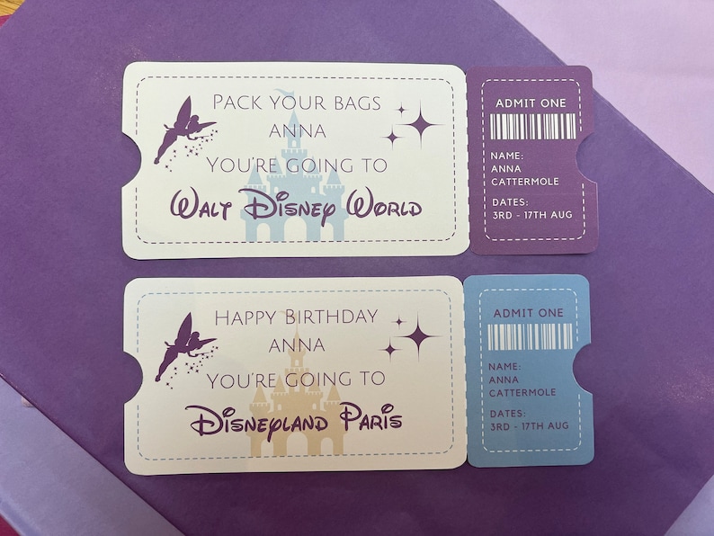 Disney World, Disneyland and Disneyland Paris Reveal Tickets.
Personalised Disney Surprise Tickets for birthday, christmas or anniversary gifts and custom keepsakes