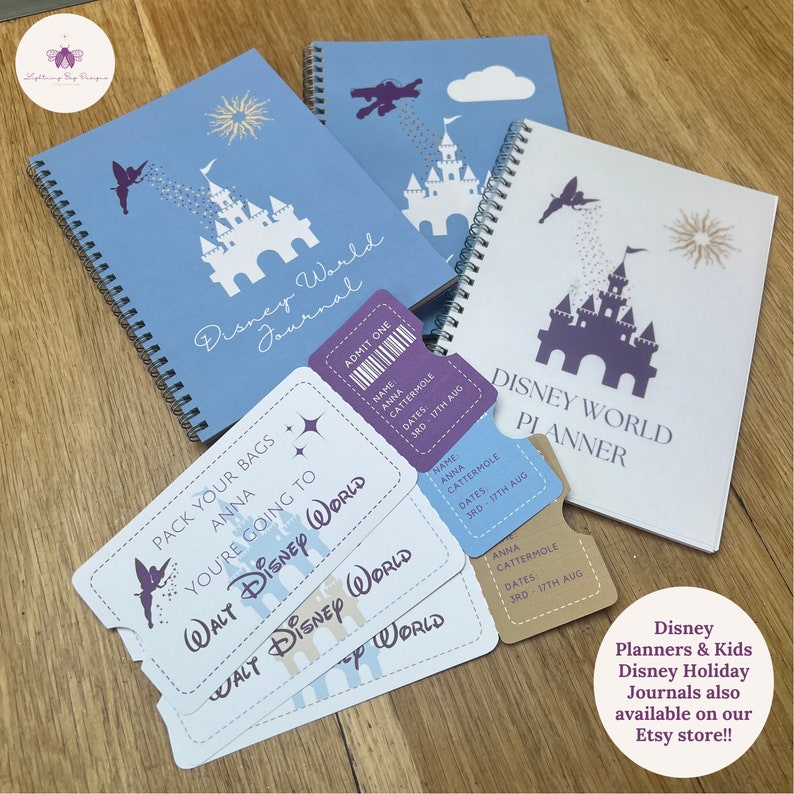 Disney World, Disneyland and Disneyland Paris Reveal Tickets, Disney Kids Journal with Disney Activities and Disney planners, all available at Lightning Bug Digitals