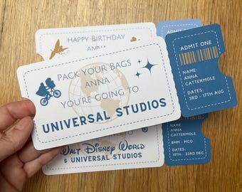 Cupón de regalo personalizado de Universal Studios. Entrada a Universal Studios Florida. Cupón sorpresa de Universal para fiestas, cumpleaños y Navidad.