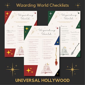 May include: A checklist for visiting the Wizarding World of Harry Potter at Universal Studios Hollywood. The checklist is divided into three sections: Attractions & Shows, Shopping, and Food & Drink. The checklist features a red, green, and blue color scheme with illustrations of Hogwarts Castle, a broomstick, and a book.