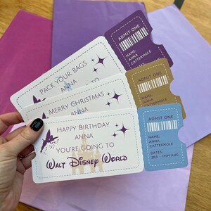 Disney World, Disneyland and Disneyland Paris Reveal Tickets.
Personalised Disney Surprise Tickets for birthday, christmas or anniversary gifts and custom keepsakes