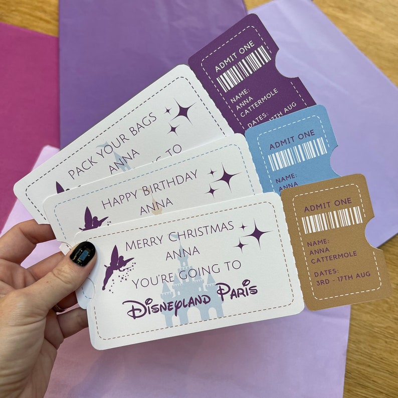 Disney World, Disneyland and Disneyland Paris Reveal Tickets.
Personalised Disney Surprise Tickets for birthday, christmas or anniversary gifts and custom keepsakes