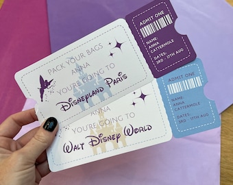 Bon cadeau surprise Disney personnalisé. Billet Disneyworld. Billet Disneyland Paris. Bon d'achat surprise pour des fêtes, des anniversaires ou des fêtes de Noël