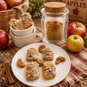 May include: A clear glass jar with a cork lid containing wax melts labeled Apple Cinnamon Streusel, accompanied by a white plate holding four rectangular pastries topped with icing and crumbs, plus scattered cashew-shaped wax pieces.