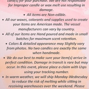 May include: Text on a pink background reads "Thank you for shopping with us." Additional text provides care instructions for candle purchases, including non-edible items, American-made supplies, and shipping policies.