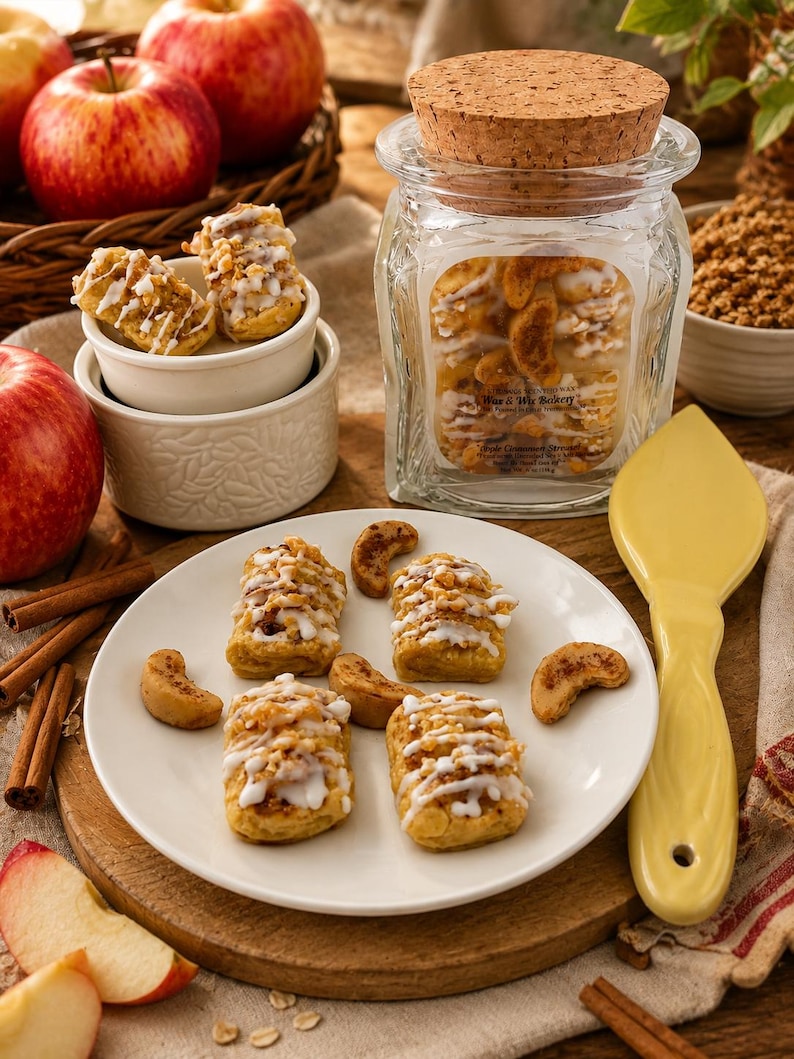 May include: A clear glass jar with a cork lid containing wax melts labeled Wax & Wix Bakery Apple Cinnamon Streusel. A white plate holds four small rectangular pastries topped with white icing and crumbs, alongside a yellow spatula.