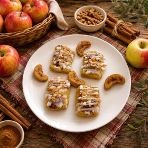 May include: Four rectangular apple pastries topped with white icing and crumbles, arranged on a white plate with four curved apple slices. Nearby are a wicker basket of red apples, a small bowl of brown sugar, and a bundle of cinnamon sticks.