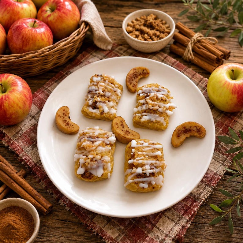 May include: Four rectangular apple pastries topped with white icing and crumbles, arranged on a white plate with four curved apple slices. Nearby are a wicker basket of red apples, a small bowl of brown sugar, and a bundle of cinnamon sticks.