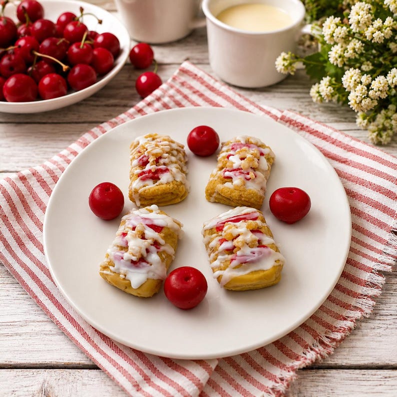 May include: Four rectangular pastries topped with white icing, red fruit filling, and crumbles are arranged on a white plate. Five bright red cherries are placed around the pastries on the plate, which sits on a red and white striped cloth.