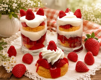 May include: Two glass jars filled with layers of yellow cake, white cream, and red strawberry pieces, topped with whipped cream and strawberries. A small cake sits in front with cream and strawberry sauce. Text on the jar reads Wax & Wix Bakery.