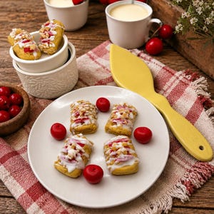 May include: Four rectangular pastries topped with white icing, red fruit filling, and chopped nuts on a white plate, accompanied by fresh red cherries, a yellow serving spatula, and two white mugs filled with a creamy beverage.