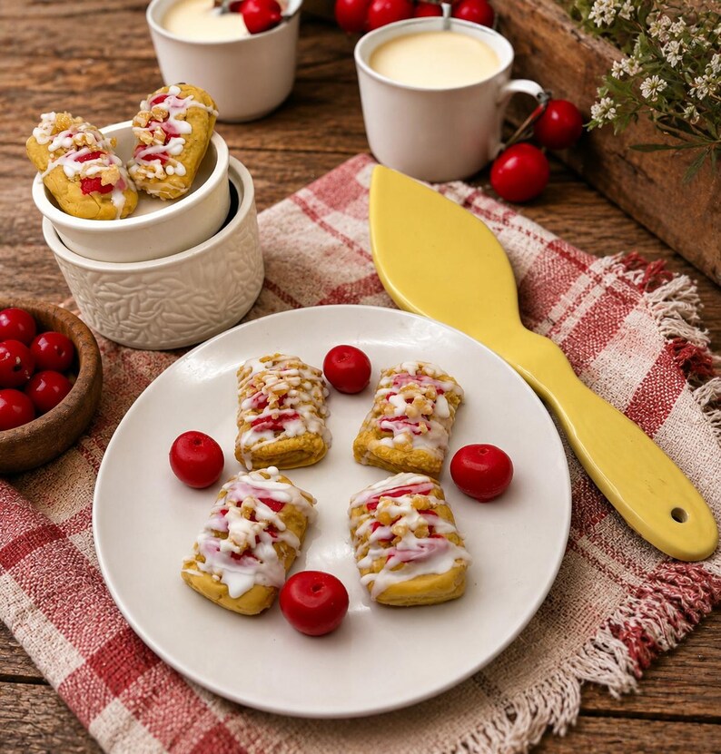 May include: Four rectangular pastries topped with white icing, red fruit filling, and chopped nuts on a white plate, accompanied by fresh red cherries, a yellow serving spatula, and two white mugs filled with a creamy beverage.