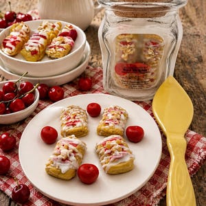 May include: A clear glass jar with a cork lid containing wax melts labeled Cherry Cheesecake Strudel, accompanied by four rectangular pastry-shaped wax melts on a white plate, scattered red cherries, and a yellow ceramic serving spatula.