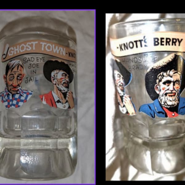 Vintage 1960er Jahre Knotts Berry Farm Geisterstadt Glasbecher Calico Saloon Trauriges Auge Joe Handsome Brady Whisky Jim
