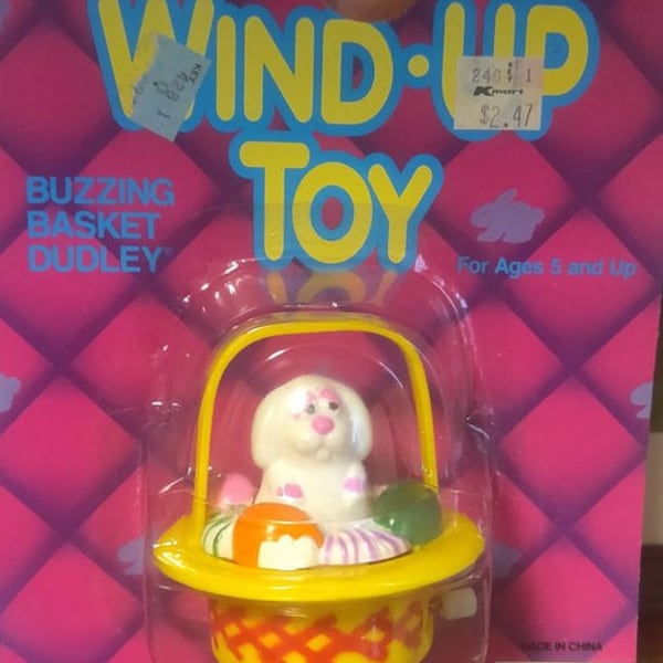 Dudley's Wind Up Buzzing Easter Bunny Basket Toy Vintage 1987 New in Pkg