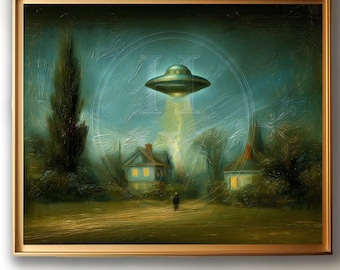 Vintage UFO Encounter Printable Wall Art | Digital Download | Retro Sci-Fi Oil Painting | Atmospheric Alien Artwork | Instant Download