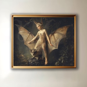 Fairy of the Night, Vintage inspired fairy riding a bat art print, Antique style fairy tale wall art, Night, Full moon, Forest, Woodland