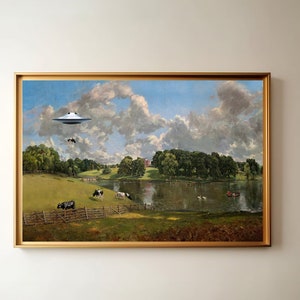 Altered Vintage Art Printable, UFO Painting, UFO Art Printable, Vintage Wall Decor, Funny Wall Print, Vintage Pastoral Alien Abduction Scene
