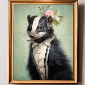 May include: A framed art print featuring a dapper badger wearing a white collared shirt, suspenders, and a sprig of pink flowers. The badger has black and white fur and is set against a soft green background. The frame is gold.