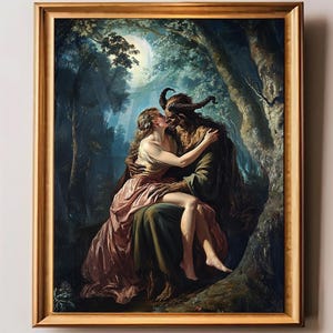 Forbidden Embrace, Dark Fantasy Art Print, Gothic Romantic Painting, Mythical Lovers, Moonlit Forest, Beast and Beauty, Enchanted Fairytale