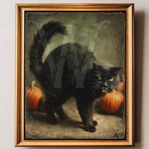 Black Cat Halloween Art Print: Vintage Gothic Spooky Decor