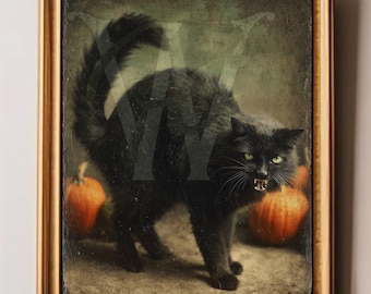 Black Cat Halloween Art Print: Vintage Gothic Spooky Decor