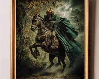 Headless Horseman Halloween Art Print, Gothic Pumpkin Rider Wall Decor, Haunted Forest Spooky Fall Decor, Sleepy Hollow Dark Fantasy Print