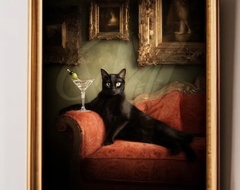 The Velvet Aristocrat Cat Art Print | Black Cat Wall Art | Dark Academia Gothic Decor | Vintage Lounge Portrait | Moody Baroque Cat Painting