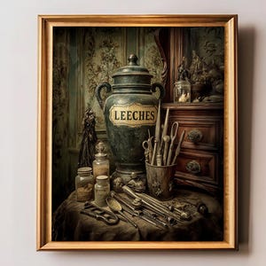 Leeches Jar & Tools, Vintage Medical Oddities Gothic Apothecary Wall Art Print with Dark Vintage Medical Decor