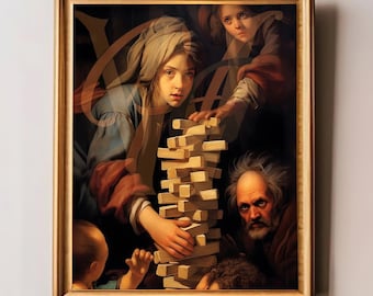 Tumbling Tower Vintage Toy Wall Art, Tower Construction, Retro Toy, Jenga architecture, perspective Art, Funny Art print