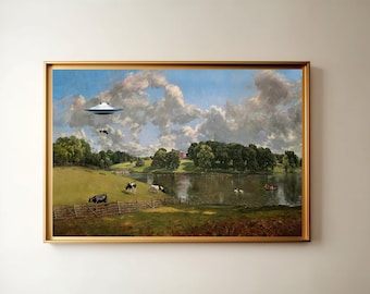 Puede incluir: Una pintura que representa un paisaje con un lago, árboles y vacas. Un platillo volante es visible en el cielo sobre las nubes.