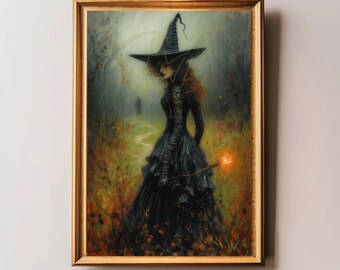 Sable Sorceress Art Print, Vintage Gothic Witch, Dark Academia Halloween Poster