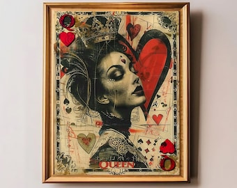 Queen of Hearts Art Red and Black Retro Playing Card Wall Art