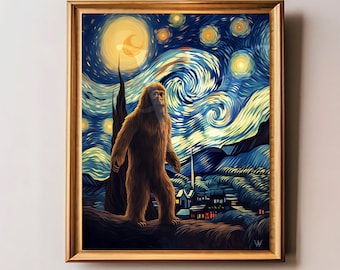 Starry Night Sasquatch Print, Van gogh, starry night wall art, bigfoot art, gift for him, gift for her,