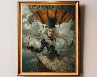 Hot Air Heroine - Hot Air Balloon Art Poster, Steampunk Art Print, Vintage Style Balloon Art Print, Aviator, Free Shipping