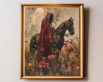Shadow in the Meadow, Halloween Wall Art, Autumn Country Meadow Painting, Fall Farmhouse Print, Dark Moody Witch Art, Witch Print.