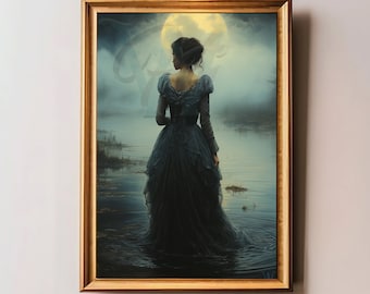 Shadows in the Moonlight Print, Victorian Woman Portrait, Dark Academia Wall Art