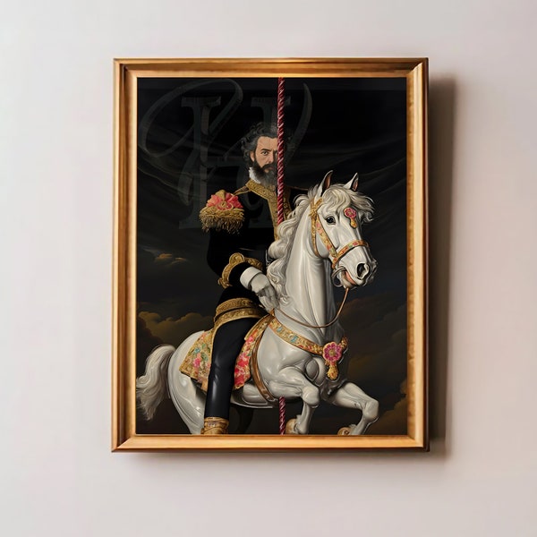 Vintage Carousel Oil Painting Print, Funny Baroque Wall Art