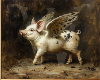 Flying Pig Oil Painting style print - Surreal Pig Artwork - Whimsical Animal Painting - Vintage Style Animal Print Flying Pig Prints,