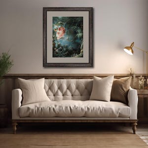 May include: A framed painting of a woman in a pink dress swinging on a rope in a lush green forest. The painting is set against a white background.
