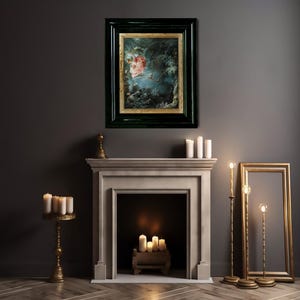 May include: A framed painting of a woman in a pink dress flying through the air, surrounded by clouds and trees. The painting is hanging on a dark gray wall above a fireplace with candles.